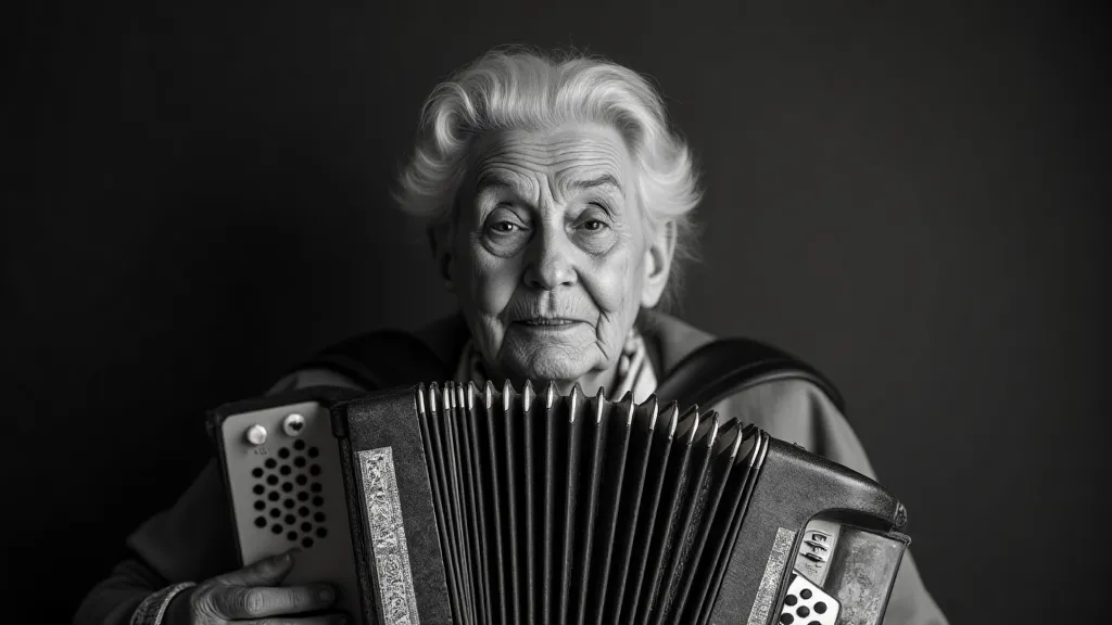 Portrait of a woman playing an accordion with a light leak