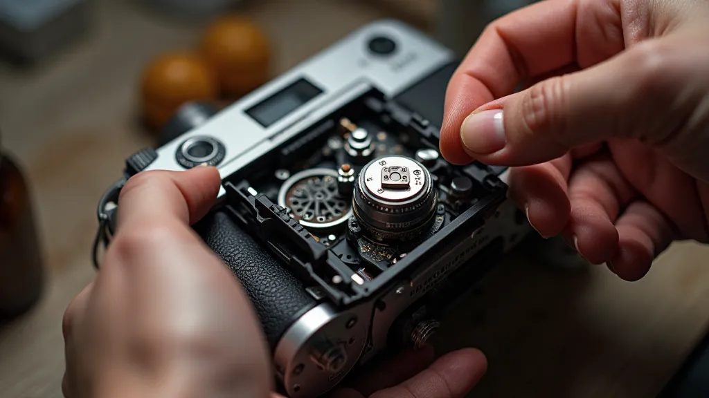 Restoration hands inside a vintage camera