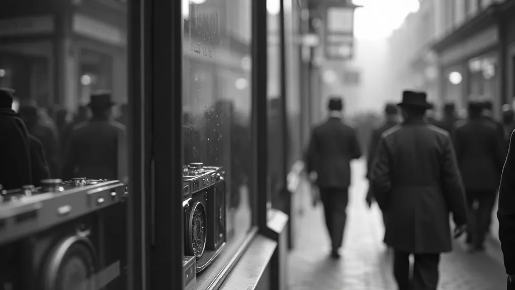 Vintage Leica camera and 1930s street scene