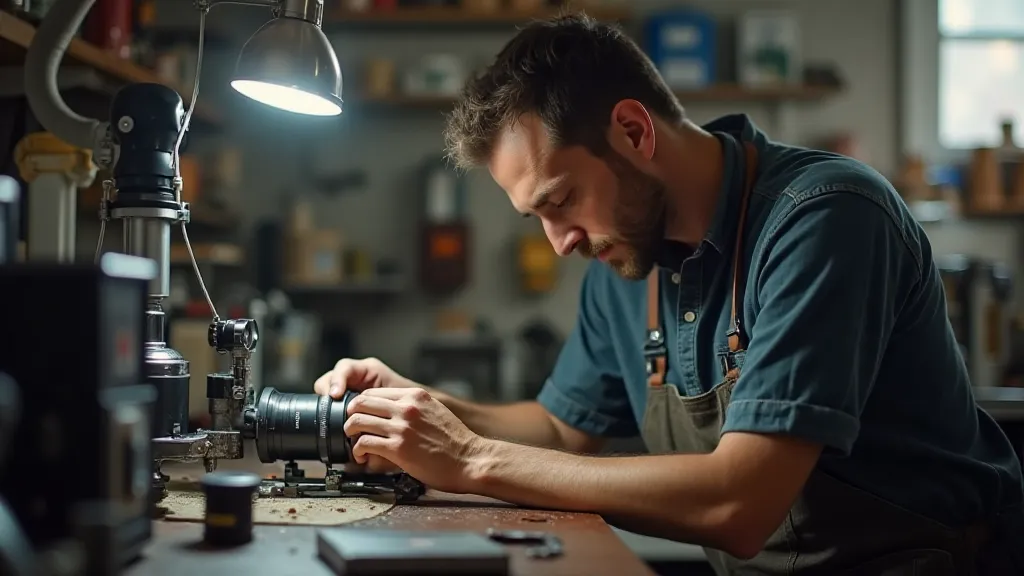 Camera repair technician working on a vintage lens