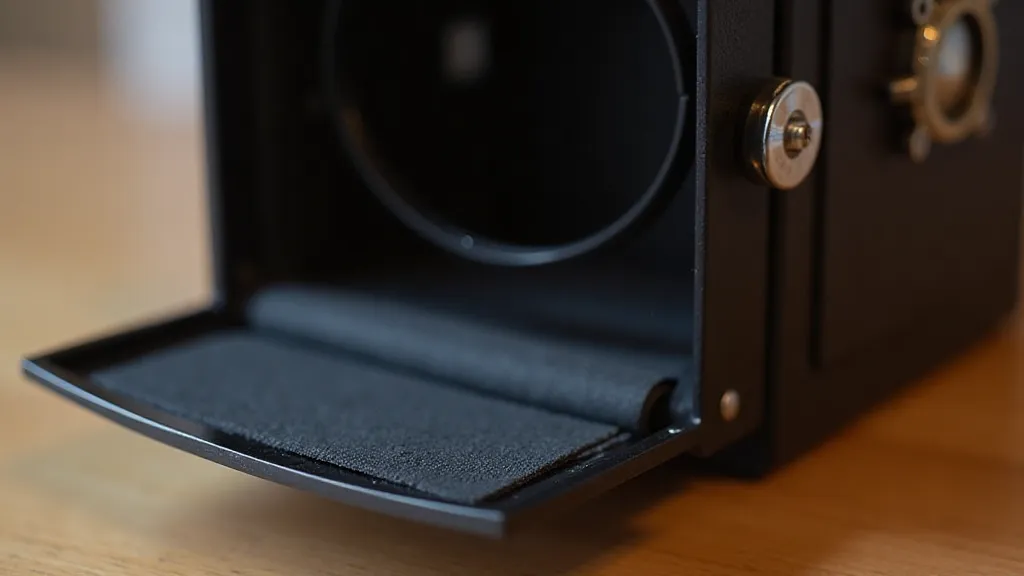 Close-up of a freshly replaced light seal adhering to the film door of a vintage camera.