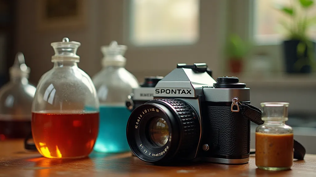 Vintage Pentax camera and film processing chemicals