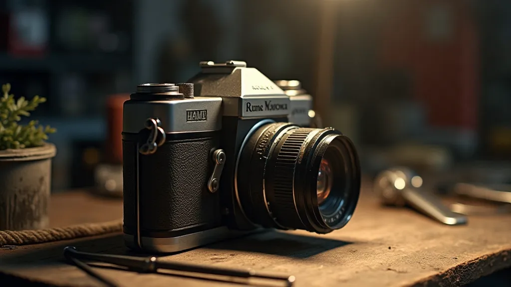 Vintage camera on a workbench with light beam highlighting details