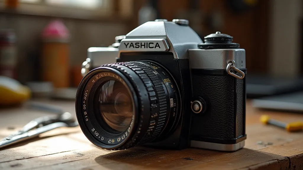 Vintage Yashica camera on a workbench